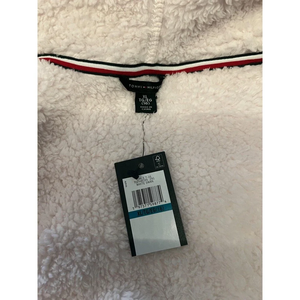 Tommy Hilfiger Hoodie Girls XL 16 White Swan Sherpa Fleece Zip Sweatshirt Logo
